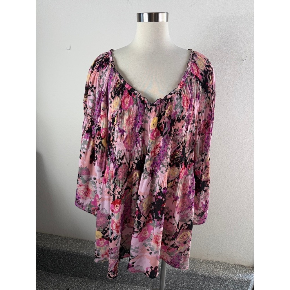 Spense Woman Plus 2X Pink Floral Pleated V Neck Tunic Blouse Bell Sleeve Shirt